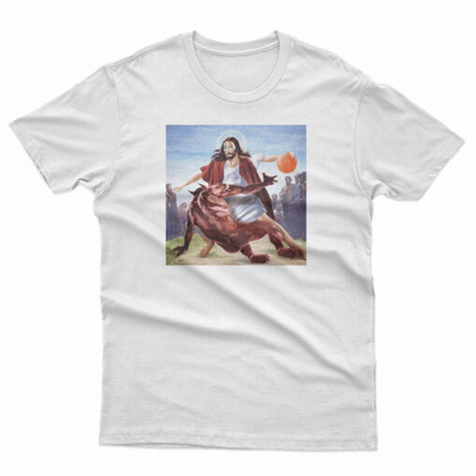 Jesus Crossing Up Satan Basketball T-shirt - Image 2